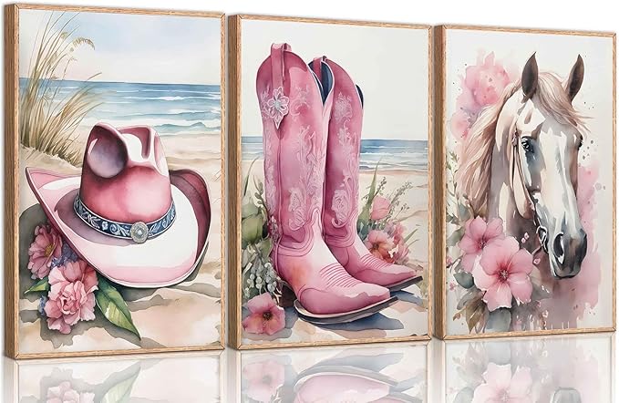 Djmwtb Coastal Cowgirl Canvas Wall Art Western Girl Room Decor Set of 3 Pink Flower Boots Hat Horse Pictures Trendy Preppy Posters Prints Watercolor Painting for Dorm Bedroom 12x16in Unframed
