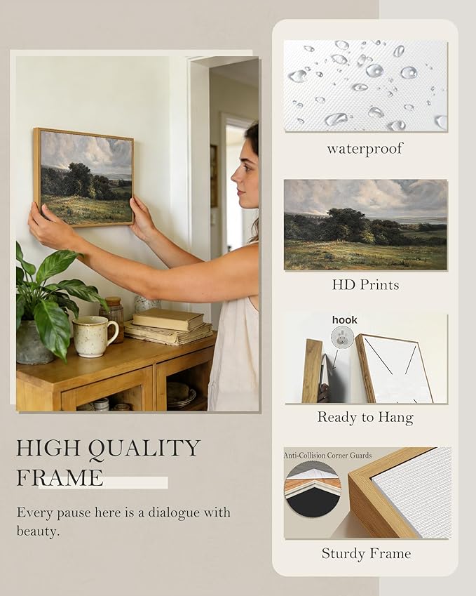 SHENIFY Vintage Landscape Framed Wall Art Rustic Countryside Meadow Farmhouse Decor Retro Vast Grassland Painting for Kitchen Living Room Bedroom Bathroom - 11x14in Natural Framed