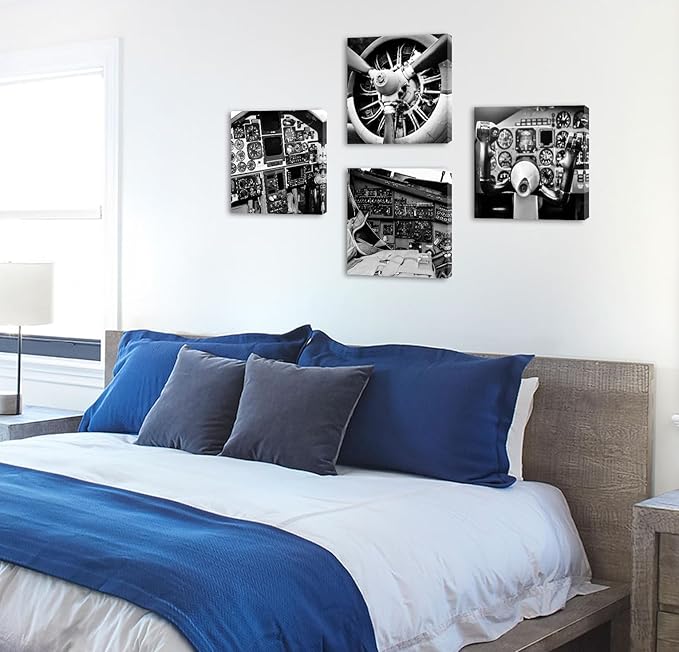 DJSYLIFE Vintage Airplane Wall Art - 4-Panel Black and White Canvas Print Poster, Propeller Plane Close-Up Decor for Office, Bedroom, Man Cave, Modern Home Decor, Ready to Hang 12"x12"x4