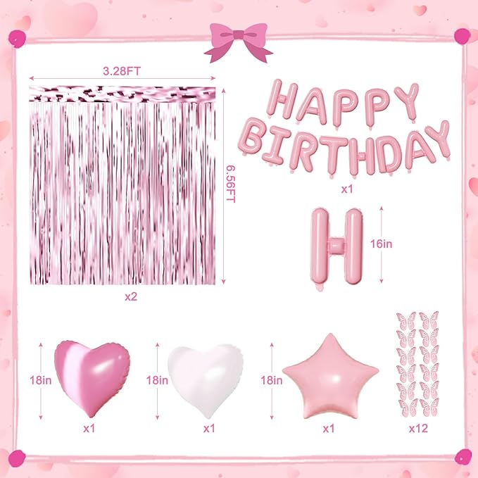 Pink Birthday Decorations for Women Girls, Metallic Pink Pearl White Confetti Foil Balloons Happy Birthday Banner Butterfly Fringe Curtains for birthday Party Supplies