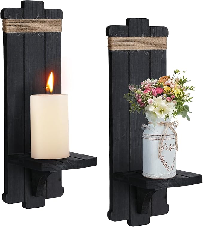 Farmhouse Wall Decor Candle Sconces - 2 Pcs Rustic Gothic Handmade Wooden Wall-Mount Candle Holders for Bedroom Living Room Bathroom Home Hanging Art Decorations Accessories Gifts, Black