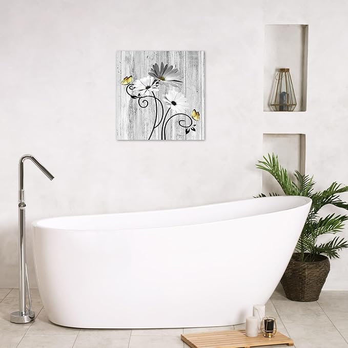 HVEST Grey Floral Wall Art for Living Room Daisy and Butterfly Bathroom Wall Decor, Rustic Farmhouse Plant Framed Wall Art for Bedroom Kitchen Home Office, 12L x 12W Inches