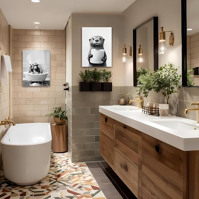IAFWZX Framed Funny Bathroom Wall Art, Black and White Otter Holding Toilet Paper Wall Decor, Cute Animal Wrapped Canvas Painting, Humor Otter Poster Print for Restroom Guest Bedroom 12"x16"