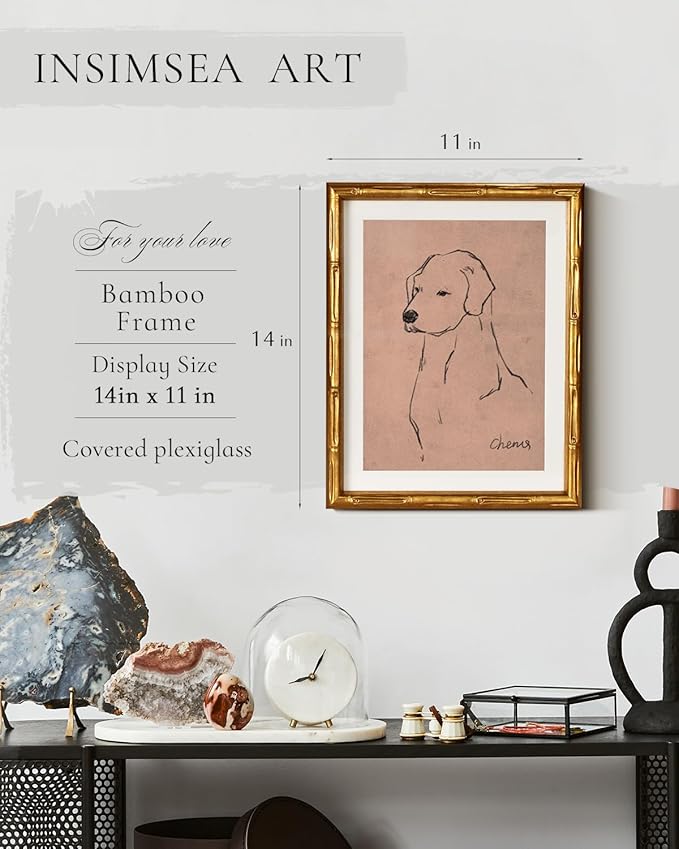 InSimSea Gold Bamboo Framed Canvas Wall Art, Minimalist Dog Sketch Animal Paintings, Antique Vintage Picture Frame with Mat, Victorian Home Wall Decor for Living Room Bedroom Gallery, 11x14inch