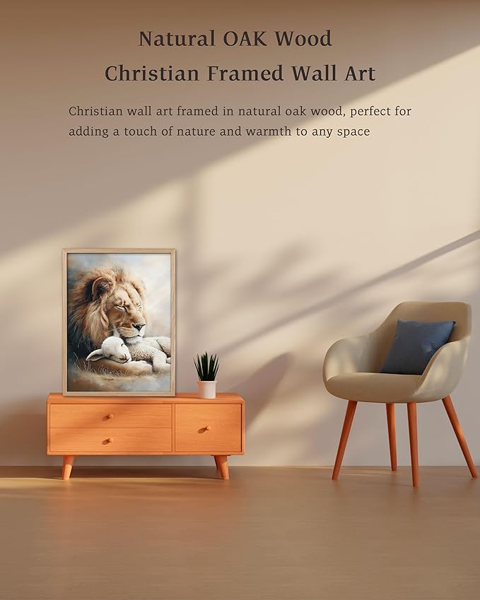 KensTro Christian Nursery Decor Framed Wall Art, 12x16 in Lion and Lamb Canvas Wall Art Prints,Christ, Jesus, God, lion of Judah, Lamb of God,Peaceful Print for Christian Boy and Girl Bedroom Set of 1