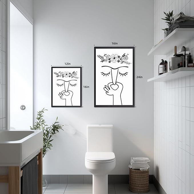 IAFWZX Wood Framed Funny Bathroom Wall Art, Black and White Humor Toilet Wall Decor, Minimalist Face Line with Flower Crown Canvas Painting, Modern Abstract Poster Print for Restroom Bedroom 16"x24"
