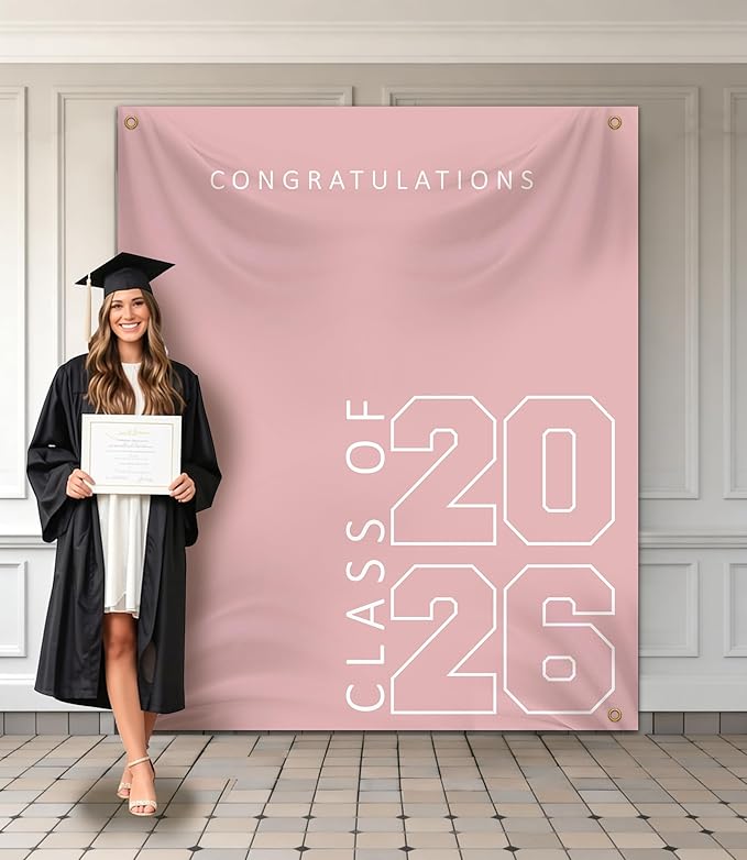 Class of 2026 Graduation Banner 5X6feet - Large CONGRATS GRAD Polyester Banner, Photo Backdrop & Wall Decor for Commencement Party Supplies, Pink and White Graduation Party Decorations for High School & College