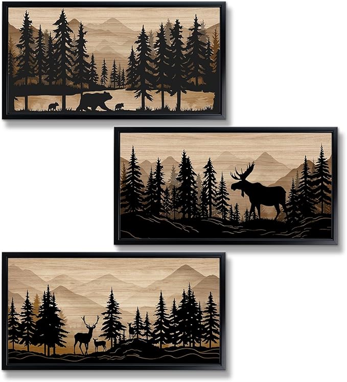 WELMECO Cabin Decor Bear Moose Deer Wall Art Rustic Home Decor Woodland Farmhouse Living Room Bedroom Bathroom Decor Forest Animal Picture, Black Framed 8x16inchx3 Pieces,Brown