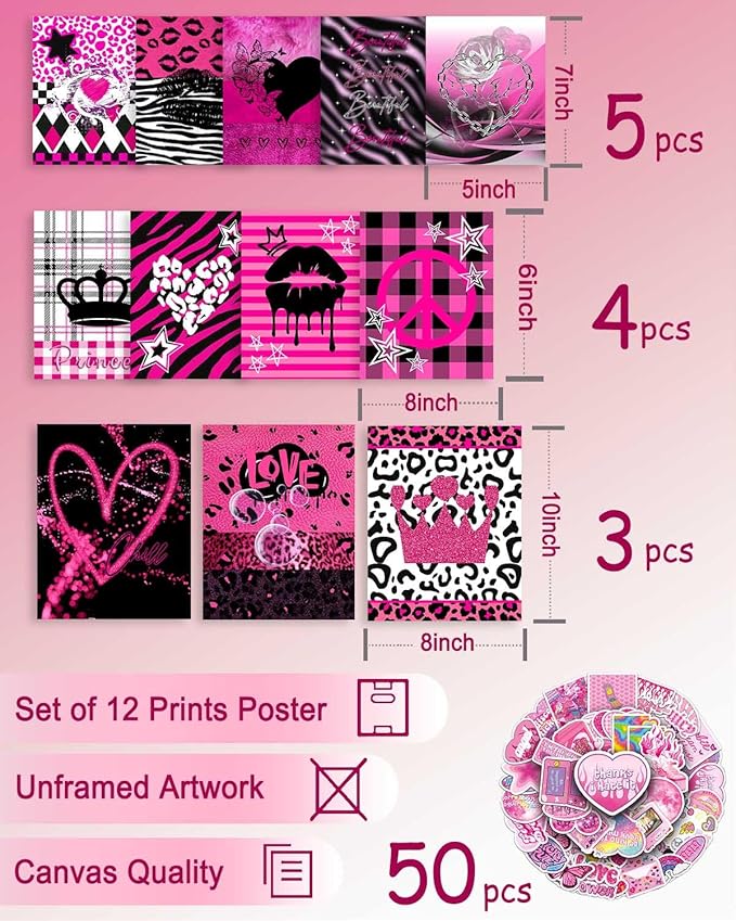 KBKBART Mcbling Y2k Room Decor Aesthetic, 12 Pcs Trashy Y2k Posters and 50 Pcs Y2k Sticker for Teen Girl's Bedroom, Early 2000s Room Decor, Hot Pink Wall Art Aesthetic Pictures, Emo Baddie Prints Wall Collage for Dorm Bedroom Apartment Decor (UNFRAMED)