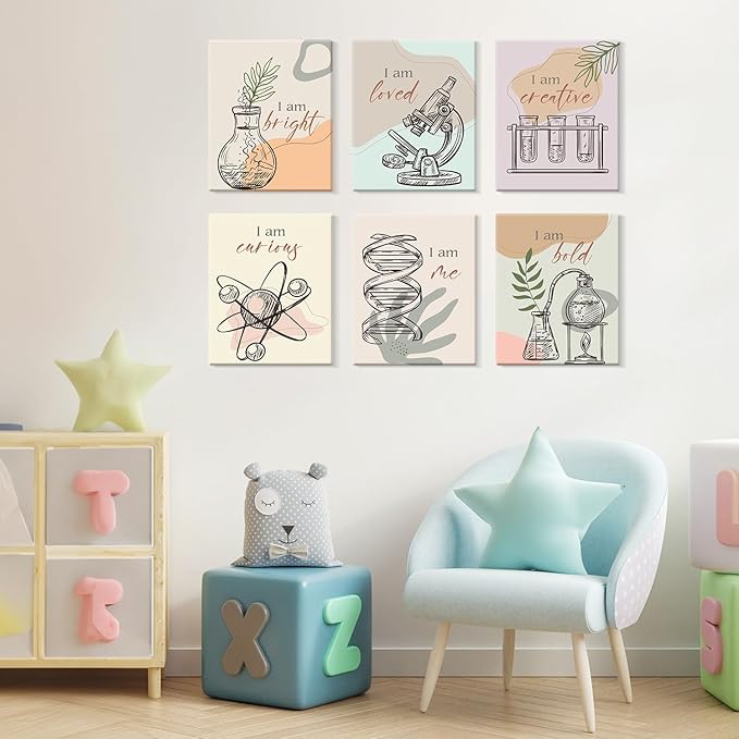 CHDITB Chemical Science Art Print For Classroom, Boho Funny Chemistry Motivational Poster Set Of 6(8x10inch) Middle School Science Explore Canvas Framed Wall Art For Laboratory Lab Library Decor