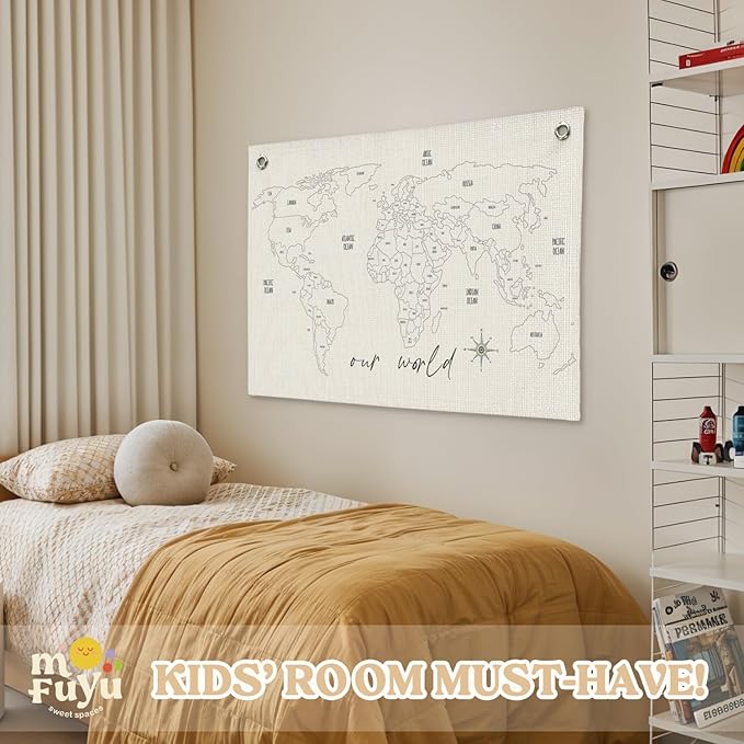 MOFUYU World Map for Kids Canvas Banner - World Maps for Wall, Kids Room Wall Decor, Adventure Nursery Hanging Sign, Geography Learning for Playroom and Bedroom 30x20 Inch