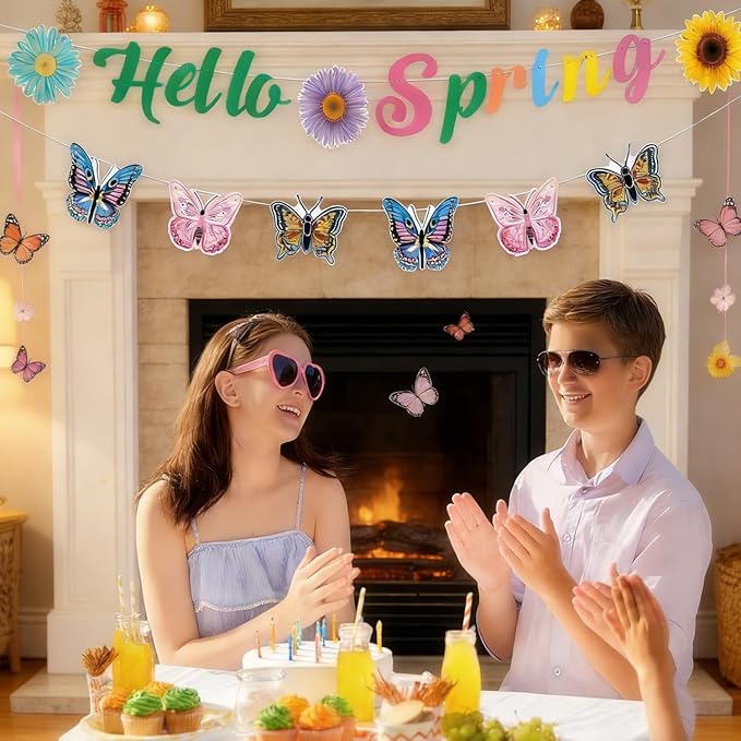 Hello Spring Banner and Butterfly Garland Set Spring Classroom Decor, Garlands for Mantle & Home Decor, Colorful Floral Butterfly Spring Banner for Party, Classroom, Mantel, Wall & Porch Decor