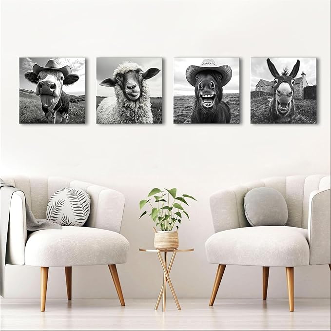 Black and White Funny Animals Wall Art Farmhouse Cow Sheep Donkey Horse Pictures Wall Decor for Kitchen Bedroom Living Room Farm Country Canvas Prints Cowboy Poster Artwork Home Decoration 12x12” 4Pcs