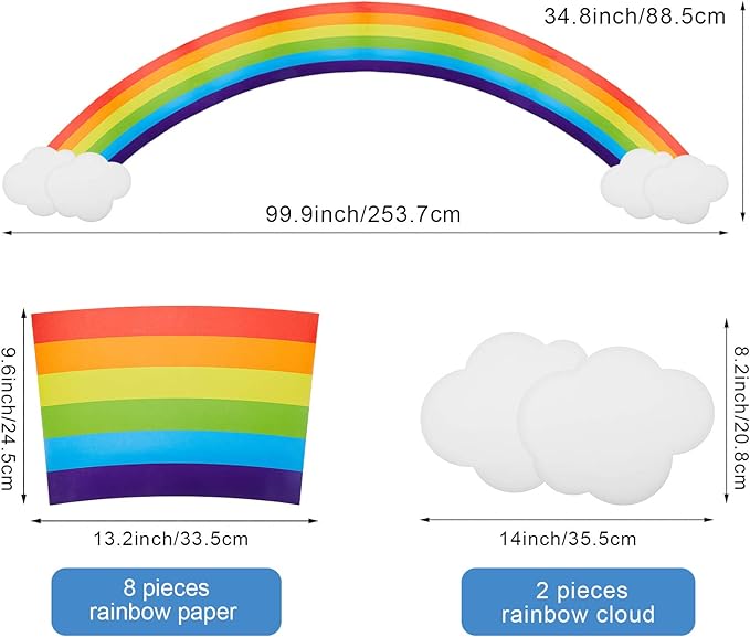 Sumind 10 Pcs Jumbo Rainbow Wall Decal Cardboard Cutouts Bulletin Board Set Paper Cloud with Glue Point Dot Colorful Giant Rainbow Decoration for Girls Birthday Party Backdrop Photobooth Room Decor
