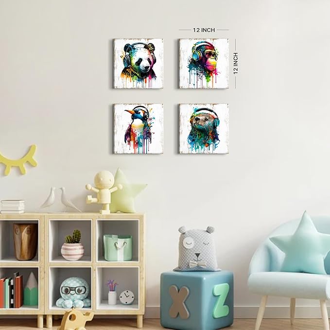Colorful Animal Wall Art Funny Cute Bear Monkey with Headphone Canvas Prints Pictures Nursery Room Decor Cartoon Penguin Panda Paintings Artwork for Kids Bedroom Bathrooom Home Decoration 12x12” 4 Pcs