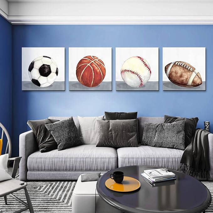 Sports Wall Art Kids Boys Sports Room Decor Soccer Football Baseball Basketball Pictures Canvas Prints Nursery Toddler Watercolor Sport Ball Posters Baby Home Decoration Christmas Gifts 12x12” 4 Piece