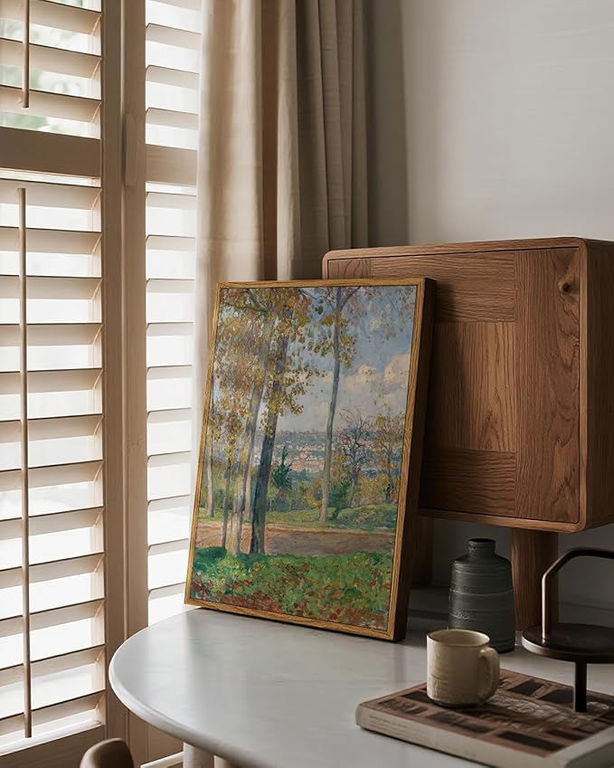 Vintage Framed Wall Art 12x16 Inch Landscape Canvas Painting, Classic Impressionist Road Trees Nature Scenery Artwork, Retro Rustic Living Room Bedroom Aesthetic Home Office Decor