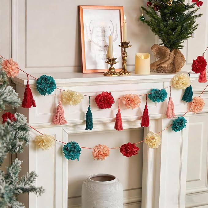 Tissue Paper Pompom Garland with Cotton Tassels, 2 Pcs Christmas Garland for Mantel, Window, Staircase, Holiday Party Decorations, Christmas Hanging Decorations, Green Red Pink Pompom