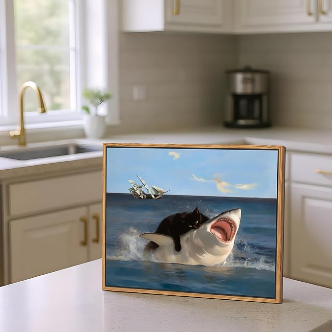 Floating Framed Black Cat Wall Art, Funny Quirky Cat and Shark Pictures Canvas Print, Abstract Black Cat Shark Posters Wall Decor for Room Bedroom Living Room Bathroom Aesthetic 8x10 inch