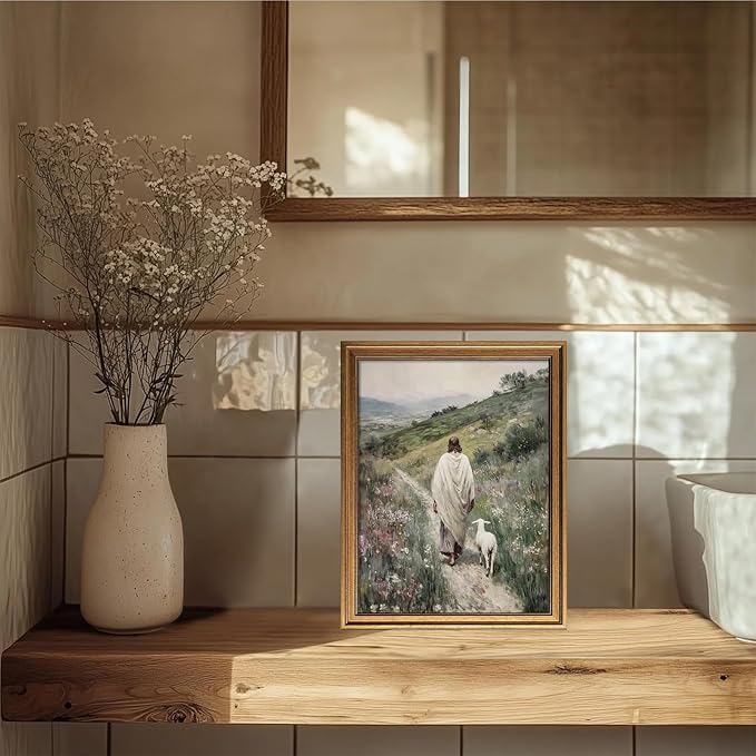 Gold Framed Good Shepherd Jesus Wall Art, Religious Christian with Lamb Home Decor Jesus Leaves The 99 Sheep Artwork for Living Room Bedroom Church Wall Decoration 16W''x 24L''