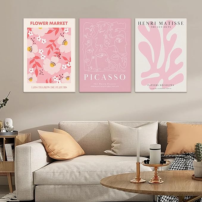 Djmwtb Pink Wall Art Matisse Canvas wall art Picasso Wall Decor Flower Market Prints Framed Set of 3 Cute Pictures Abstract Paintings Aesthetic Posters for Girls Bedroom Dorm Apartment Artwork 16x24in