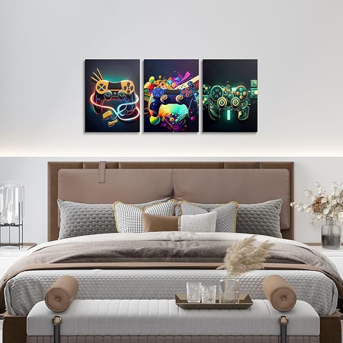 Feelyou Gamer Canvas Wall Art for Living Room - 12" x 16" 3-Piece Game Controller Picture Wall Decor Gaming Gifts Bathroom Office Wall Art Gamepad Artwork Posters Green Wall Painting