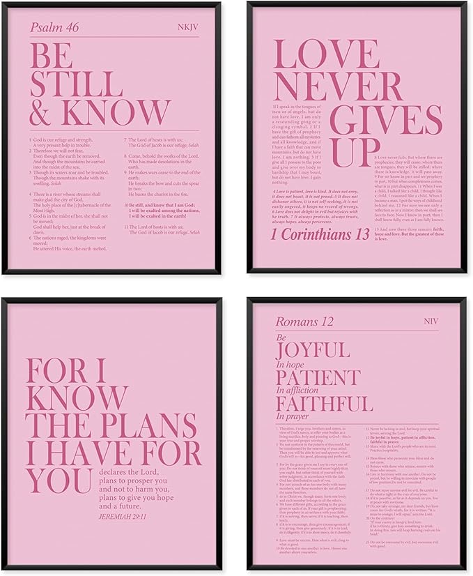 Locomiss Pink Christian Wall Art Decor, Modern Bible Verse Prints, Minimalist Jesus Scripture Wall Decor, Pink Inspirational Bible Posters for Bedroom Office Living Room, Set of 4 (8x10 Unframed)