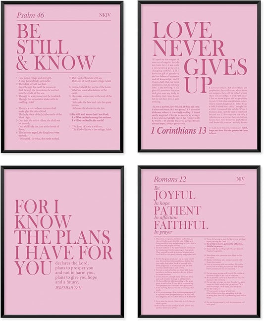 Locomiss Pink Christian Wall Art Decor, Modern Bible Verse Prints, Minimalist Jesus Scripture Wall Decor, Pink Inspirational Bible Posters for Bedroom Office Living Room, Set of 4 (8x10 Unframed)