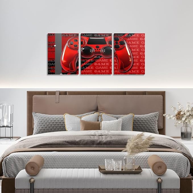 Feelyou Gamer Canvas Wall Art 12" x 16" 3 Piece Game Controller Office Wall Artwork Posters for Teens Adults Gaming Gifts Bathroom Wall Art for Home Gamepad Red and Black Wall Painting