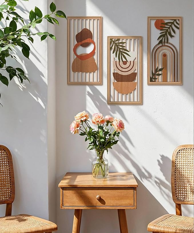 Putuo Decor Boho Wall Art Set of 3, Modern Minimalist Wooden Wall Decor, Abstract Aesthetic Room Decorations, Mid-Century Modern Artwork for Living Room, Bedroom, Office Orange 16.5 x 8.6 inch