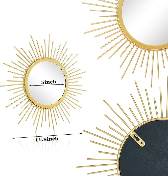 Cityelf 3 Set Gold Sunburst Mirrors for Wall Decorative Metal Mirrors Small Mirror Sets Decor Hanging Mirror Wall Sculpture for Bedroom Living Room Entryway