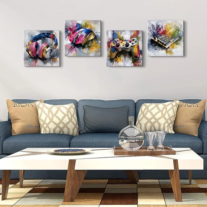 Graffiti Gaming Wall Art Colorful Gamer Wall Decor Abstract Video Game Controller Headphones Pictures Canvas Print Street Pop Painting Cool Artwork Teen Boys Bedroom Playroom Home Decoration 12x12” 4P