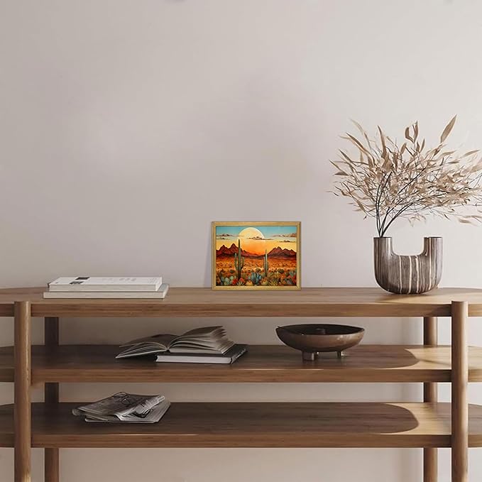 Framed Western Desert Sunset Cactus Wall Art, Vintage Southwest Nature Landscape Canvas Print, Rustic Wall Decor Picture, Boho Mexican Oil Painting for Living Room Bedroom Office bathroom 12x16 Inch