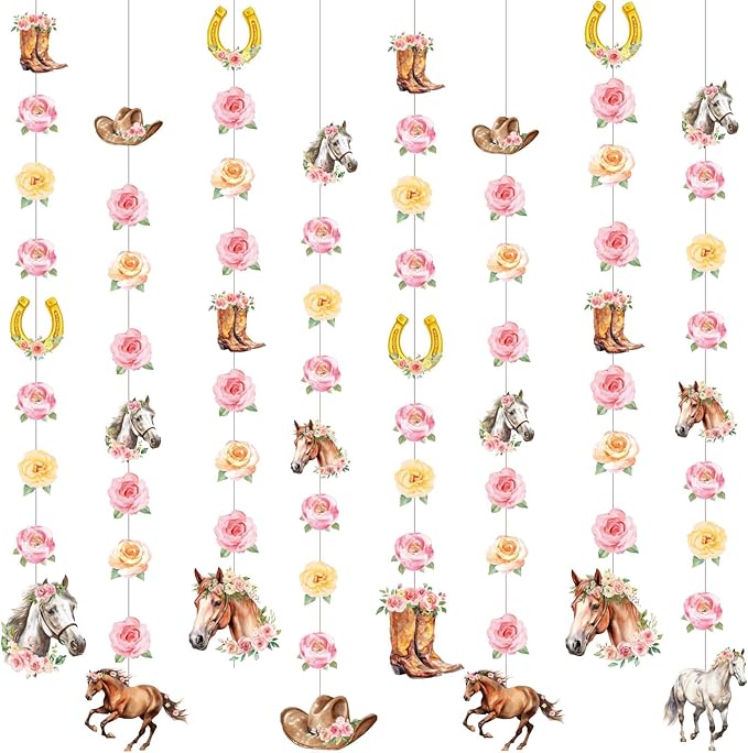 8 Pcs Cowgirl Party Decorations Pink Girl Horse First Birthday Hanging Garlands Watercolor Floral Rose Western Horse Paper Cutouts Streamers for Wild West Cowgirl Baby Shower Party Supplies
