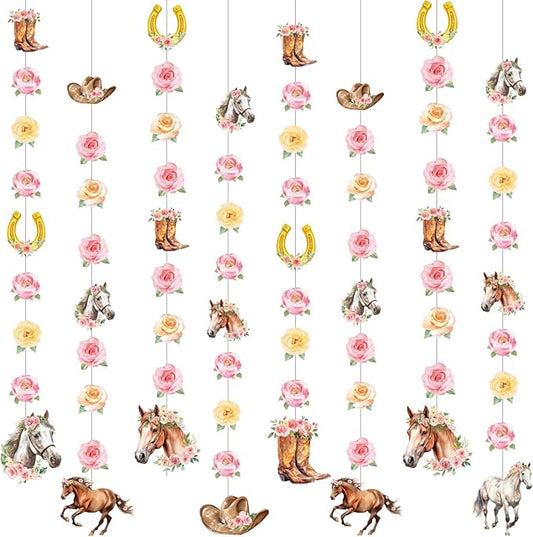 8 Pcs Cowgirl Party Decorations Pink Girl Horse First Birthday Hanging Garlands Watercolor Floral Rose Western Horse Paper Cutouts Streamers for Wild West Cowgirl Baby Shower Party Supplies