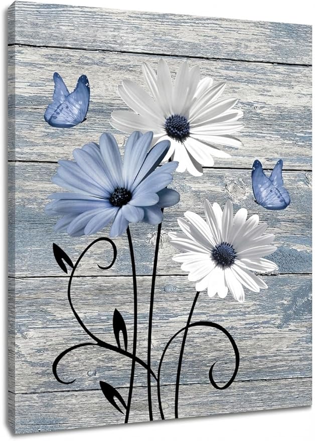 MYUSRE Farmhouse Blue Floral Canvas Wall Art Rustic Wood Daisy Butterfly Framed Wall Art Country Flower Pictures for Living Room Bedroom Bathroom Office Decor Ready to Hang, 16L X 12W Inch