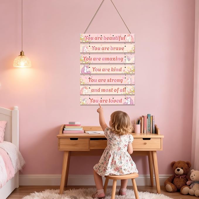 FIOBEE Girls Room Décor for Teen Girls Boys with LED Light Wall Decor for Bedroom Motivational Inspirational Wall Art Girl Room Decoration for Kids Studyroom, 8 Kinds of Lights, Pink Unicorn