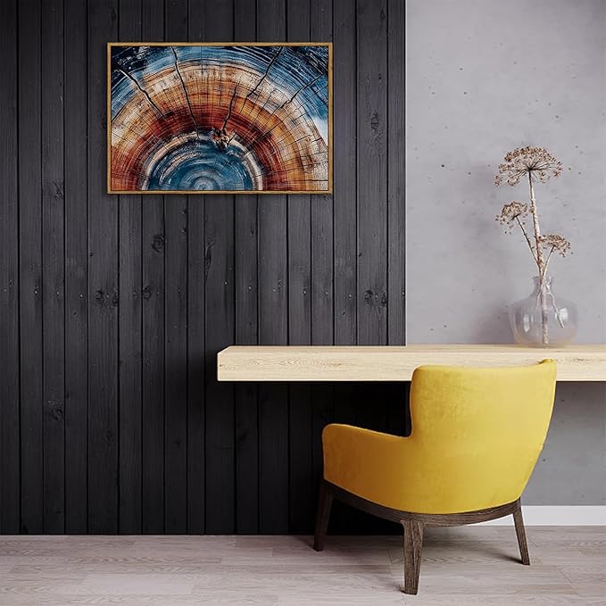 BingruiArt Framed Tree Ring Wall Art Blue and Red Boho Wall Decor Nature Print Wood Canvas Rustic Artwork Abstract Painting Modern Picture for Living Room Bedroom Bathroom 16"x24" Natural Framed(01)