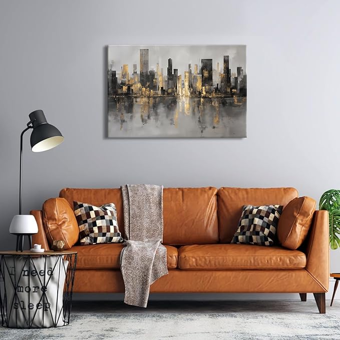 NYC Skyline Wall Art Abstract Cityscape Wall Pictures Black and Gold Landscape Canvas Prints Paintings Modern New York Aesthetic Framed Artwork for Bedroom Living Room Bathroom Home Decorations 24x36