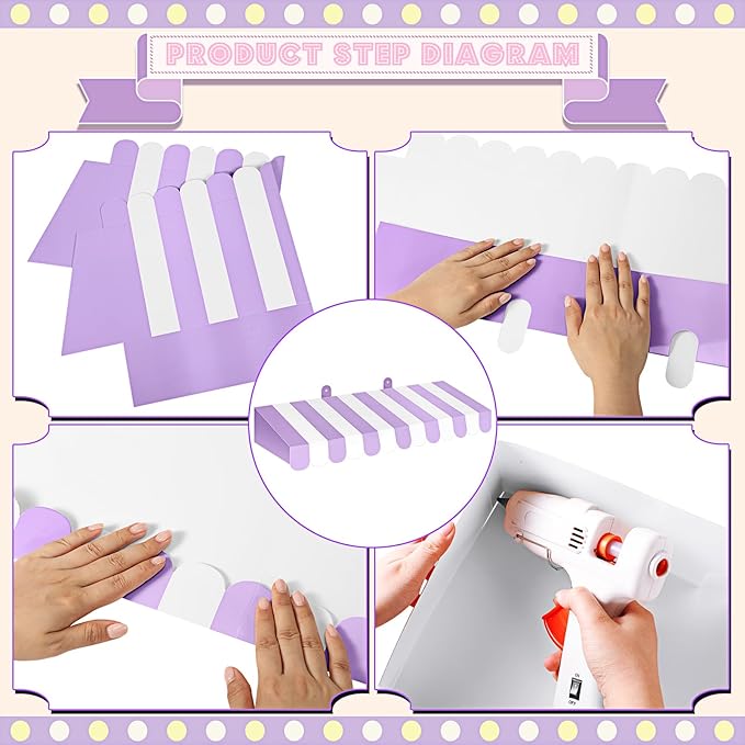 Boao 4 Pack Circus Awning Decoration 3D Stripe Cardboard Awning Carnival Wall Decor Circus Party Favors for Lemonade Stand Bakery Ice Cream Truck Bulletin Board Decor(Purple and White)