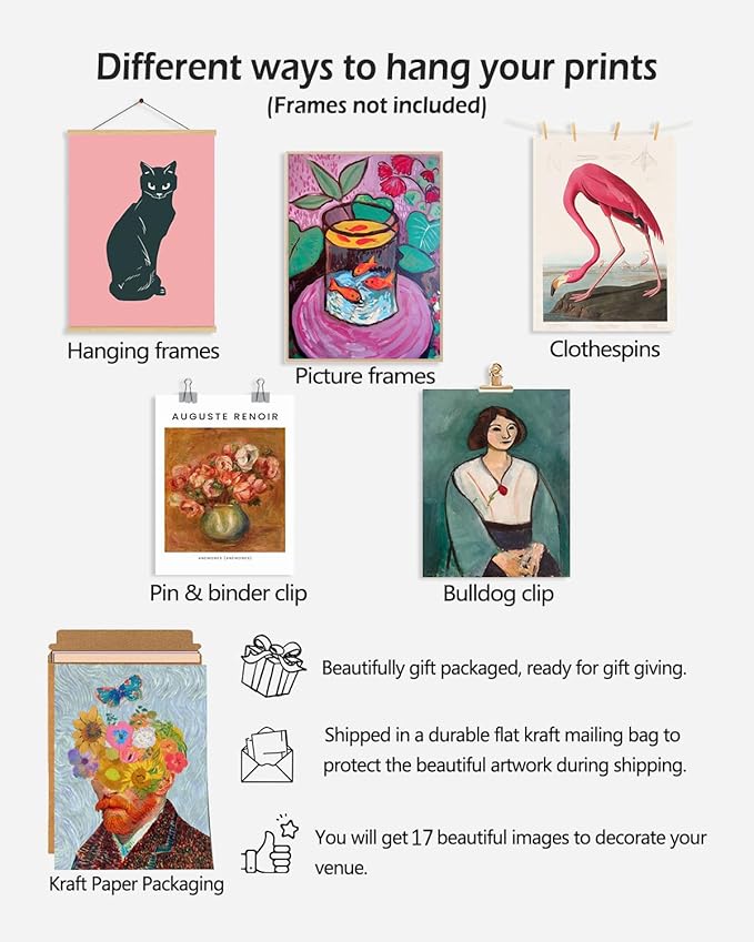 KBKBART Set of 17 Eclectic Wall Art Prints, Colorful Maximalist Wall Decor Canvas Boho Gallery Prints Collage, Vintage Famous Artists Painting Pictures Aesthetic Poster for Funky Room Decor, Eclectic Home Decor for Bedroom Dorm - Unframed