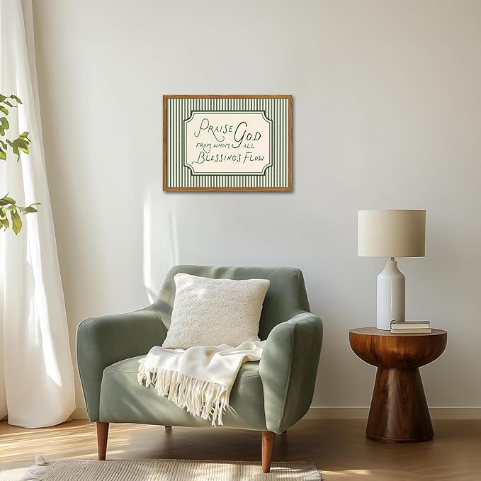 Framed Christian Scripture Wall Art, Bible Verse Pictures Wall Decor, Sage Green Striped Praise God From Whom All Blessings Flow Paintings Canvas Prints Religious Home Decor for Living Room 12x16 inch