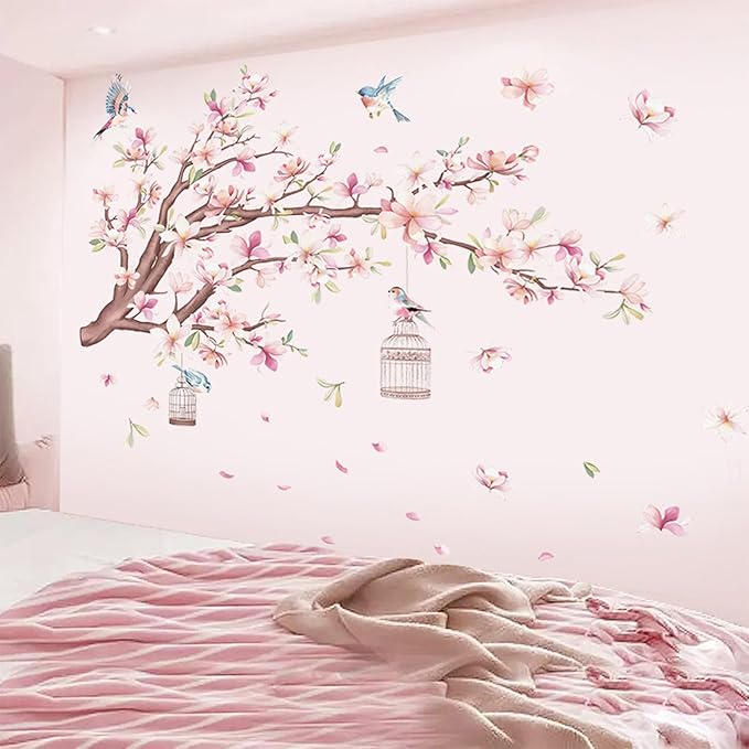 Cherry Blossom Flowers Wall Decals Decor Vinyl Stickers, Magnolia Floral Tree Branch Birds Wall Art Murals, Flower Pattern Wall Stickers for Girls Bedroom Living Room Nursery Decor