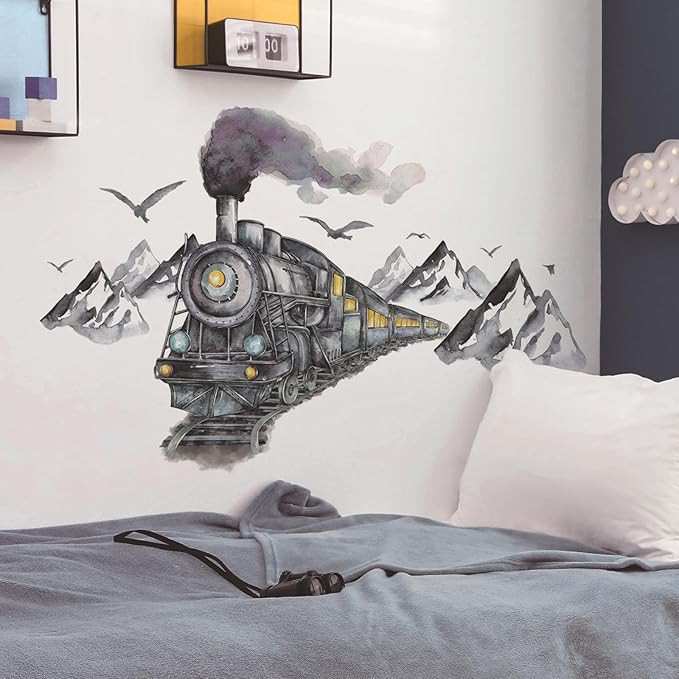 Ink Train Car Wall Stickers, 3D Wall Decals, Self Adhesive Removable, Art Decal Mural Wallpaper Decor, Kids Boy Room Bedroom Playroom (Ink Train)
