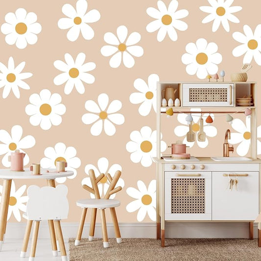 TaoBary 12 Sheet Daisy Wall Sticker Decal Removable Cute Daisy Bedroom Room Decor Flower Wall Sticker Pink White Flower Decal Wallpaper Peel and Stick for Nursery Home(White, Yellow,Novelty Style)