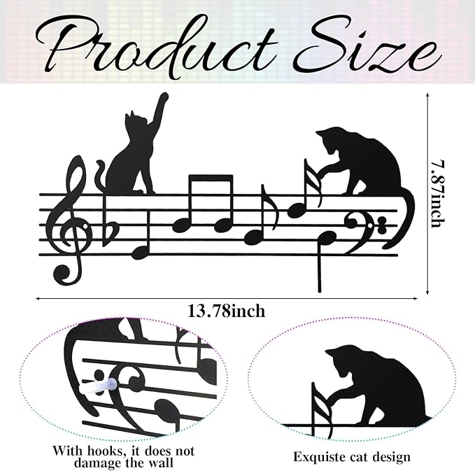 Otoolling Cat Playing Music Wall Decor Metal Black Cat Wall Art Hanging Signs Home Decor for Living Room Bedroom Bathroom Office Cats Lover Gifts (Fun,13.78 x 11.81 in)
