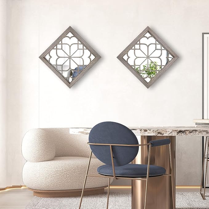 Wocred Set of 2 Farmhouse Square True Mirrors,Vintage Style Barn Wood Wall Decor, Accent Mirrors for Bathroom Renovation,Bedrooms,Living Rooms (12”x12”)