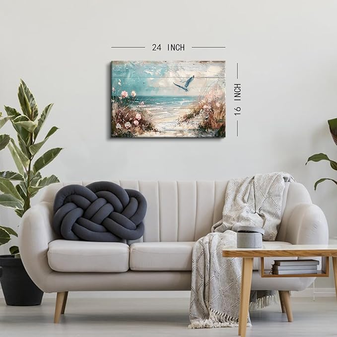 Seagull Wall Art Pink Flowers Canvas Prints Ocean Wall Decor Seabird Painting Beach Picture Nautical Poster Coastal Photo Vintage Seascape Artwork Framed for Kitchen Living Room Home Decoration 16x24