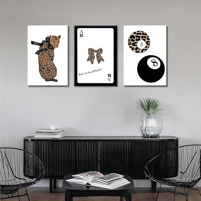 Set of 3 Trendy 8 Ball Leopard Canvas Wall Art Ace Card Bow Wall Decor Pictures Funky Born To Be Lucky Posters Prints Preppy Aesthetic Cheetah Room Decor for Girls Bedroom Apartment Dorm 12x16in