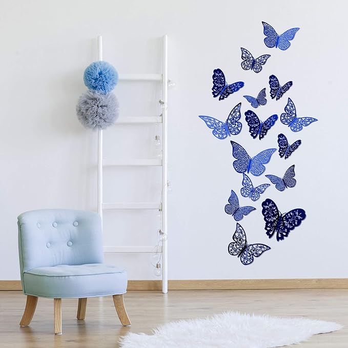 Bememo 72 Pieces 3D Butterfly Wall Decals Sticker Decal Wall Decor Art Decorative Sticker 3 Sizes for Room Offices Bedroom Bathroom Living Room Decor(Sapphire Blue)